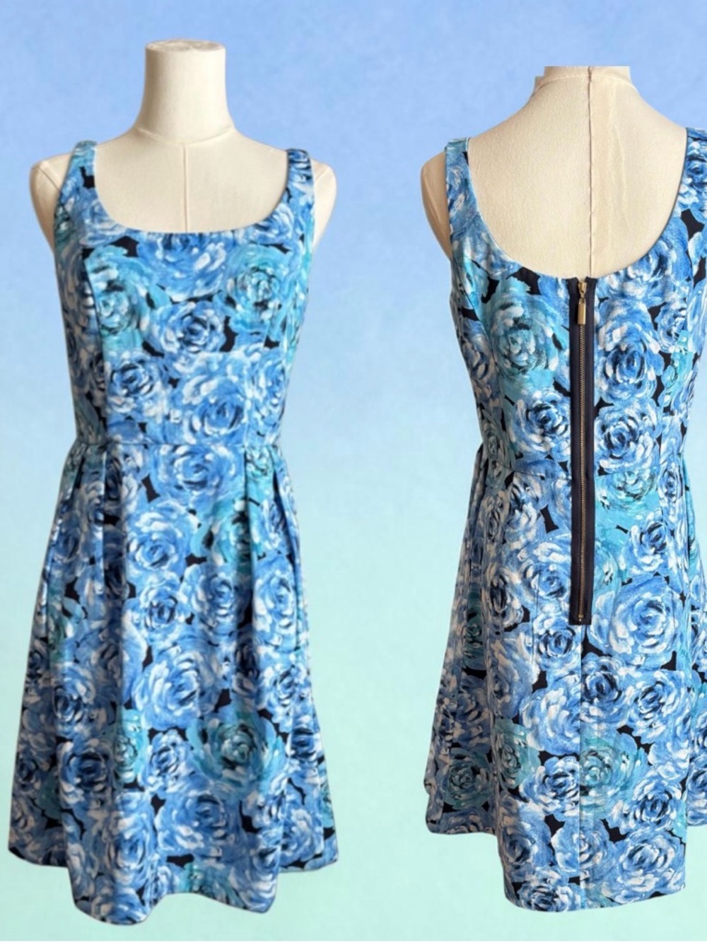 Carmen Marc Valvo Blue Floral Fit-and-Flare Dress